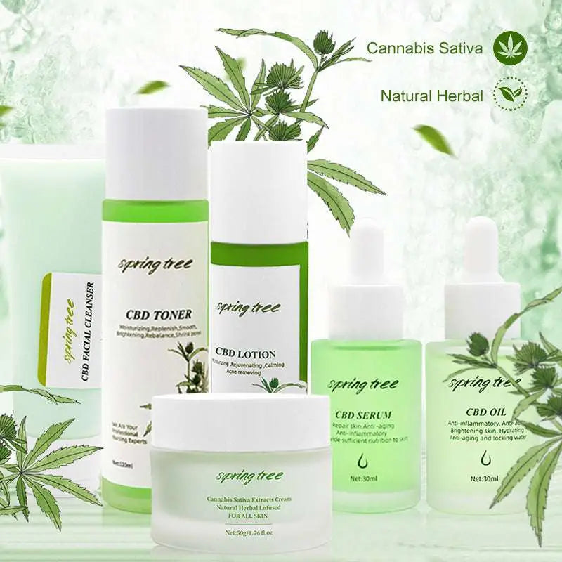Spring tree cbd brightening moisturising skincare set with green and white botanical bottles ideal as a skincare gift