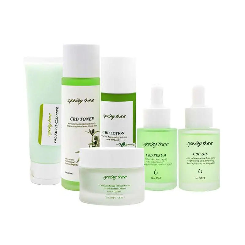 Spring tree cbd brightening moisturising skincare set with translucent green bottles and a white jar minimalist labeling