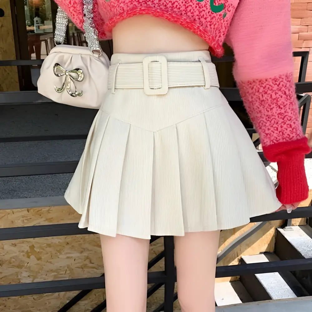 Cream-colored pleated mini skirt with matching belt and buckle complementing brown belted corduroy half skirt style