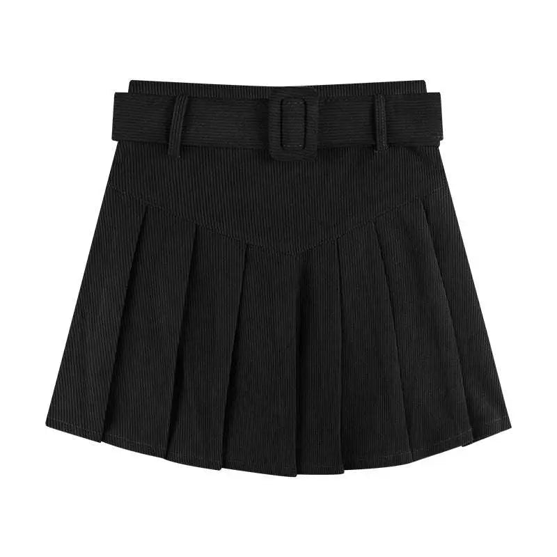 Black pleated mini skirt with matching belt styled as a brown belted corduroy half skirt alternative