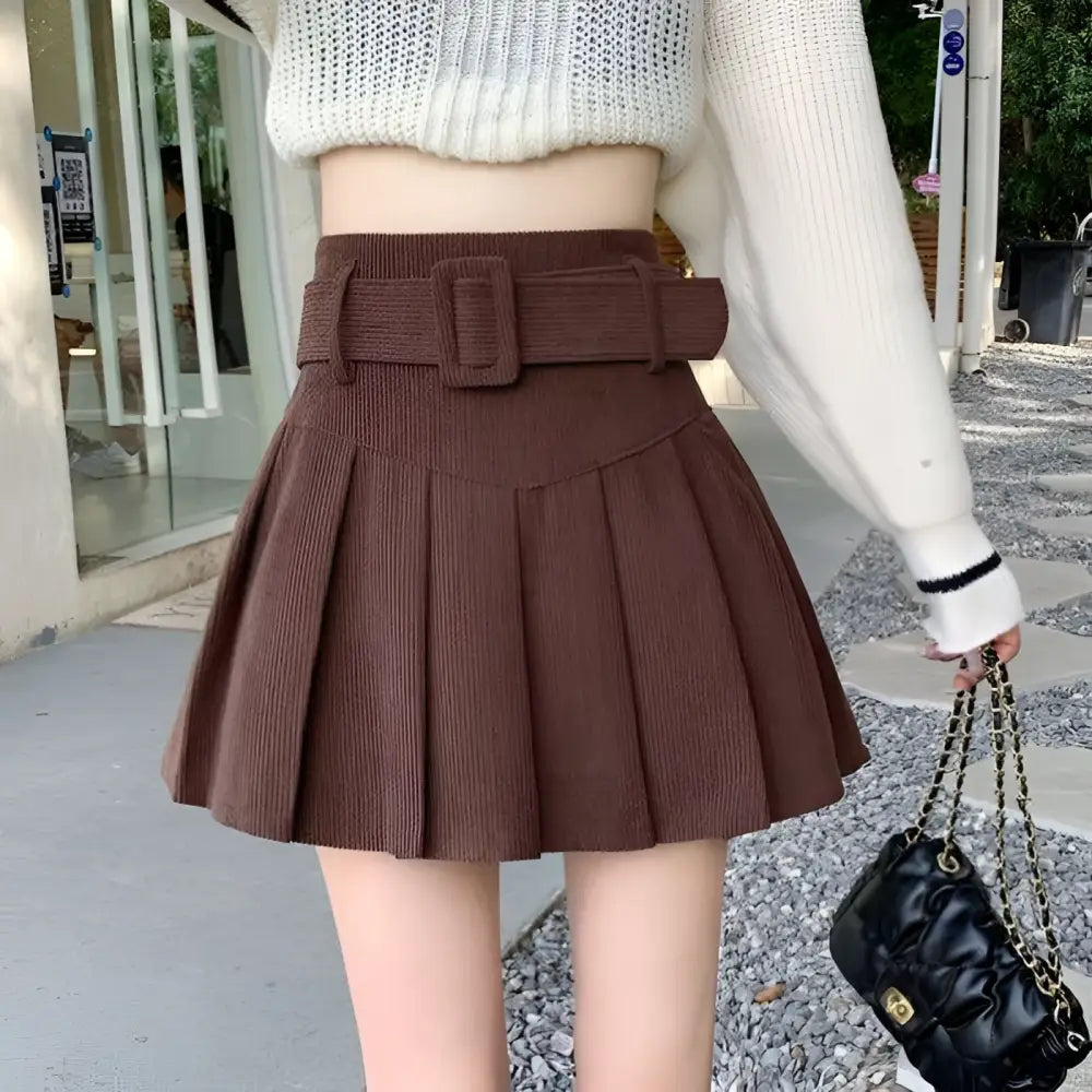 Brown belted corduroy pleated mini skirt with matching belt and rectangular buckle in corduroy half skirt style