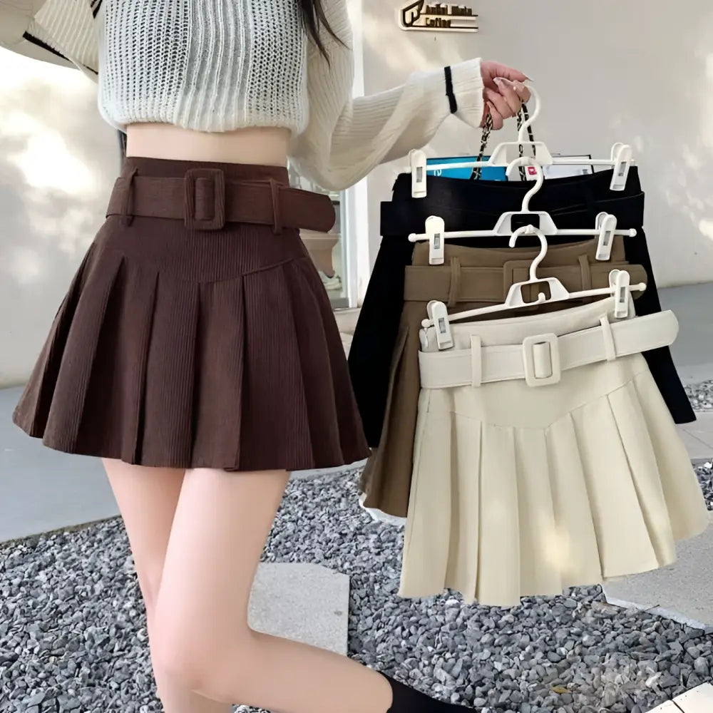 Brown belted corduroy pleated mini skirt with matching belt and rectangular buckle in corduroy half skirt style