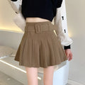 Brown belted corduroy half skirt pleated mini with matching belt and rectangular buckle for stylish casual wear