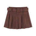 Brown belted corduroy pleated mini skirt with matching belt and buckle in corduroy half skirt style
