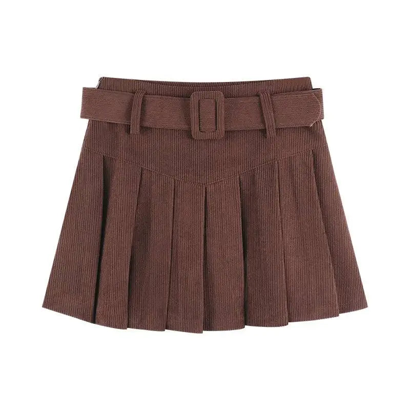 Brown belted corduroy pleated mini skirt with matching belt and buckle in corduroy half skirt style