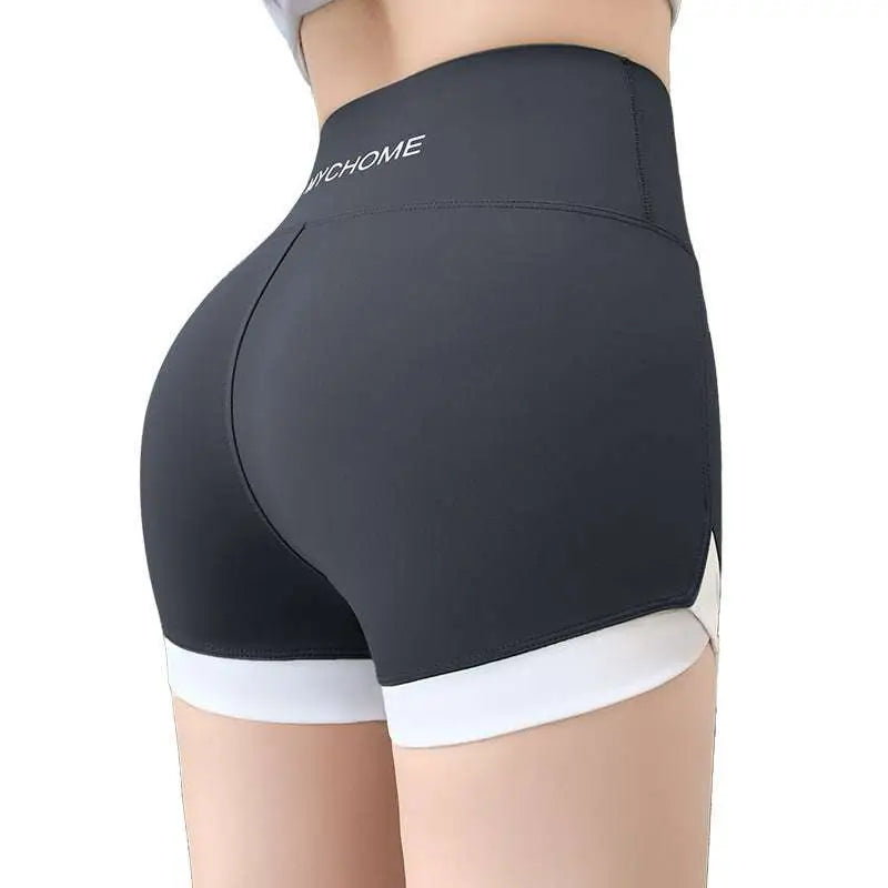 Brown high waisted hip lifting sports shorts with white trim and mychome branding on the back side