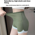 Brown high waisted hip lifting sports shorts in olive green with light blue trim and super-stretch memory fabric waistband