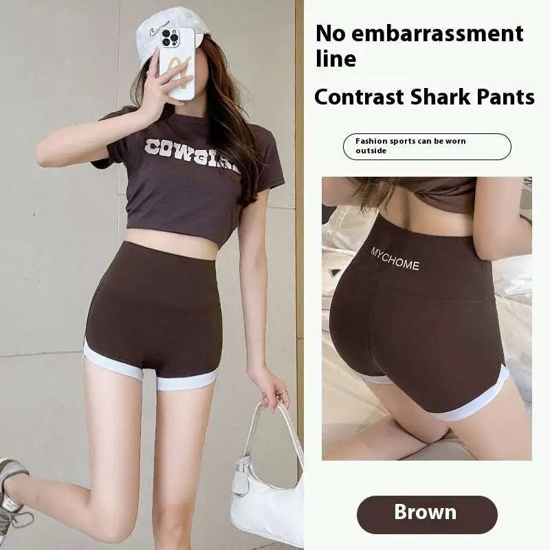 Brown high waisted hip lifting sports shorts with white trim and contrast stitching yoga pants design