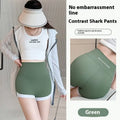 Olive green high waisted hip lifting sports shorts with white trim and mychome branding for lifting sports use