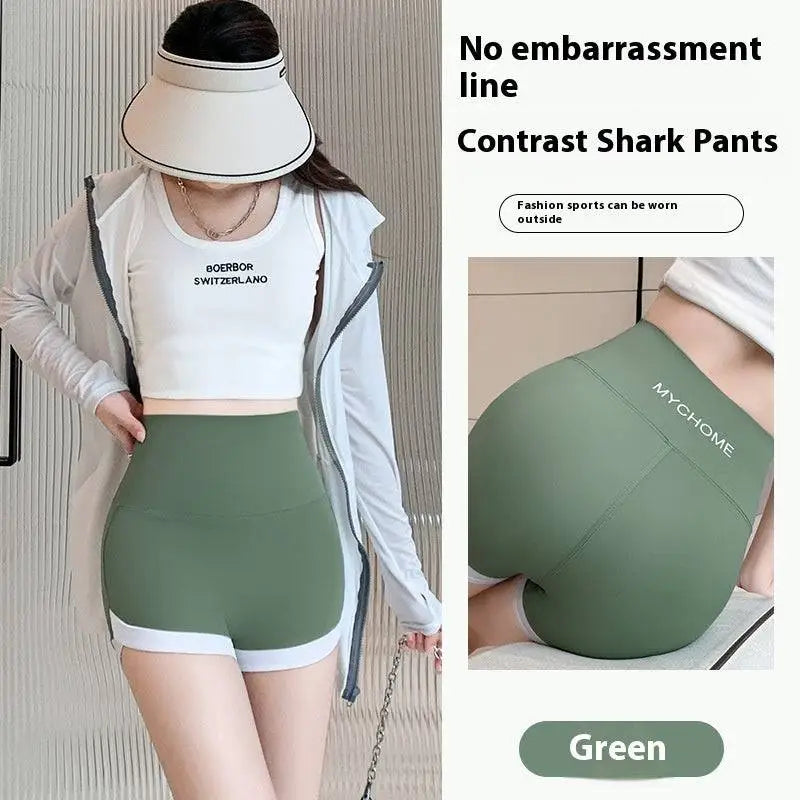 Olive green high waisted hip lifting sports shorts with white trim and mychome branding for lifting sports use