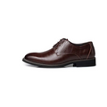 Brown leather oxford dress business shoes with brogue detailing and black rubber sole for formal occasions
