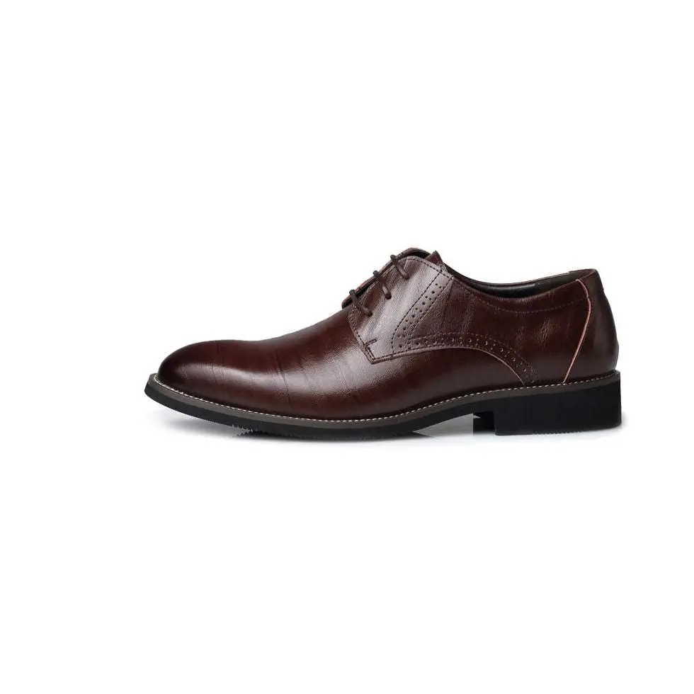 Brown leather oxford dress business shoes with brogue detailing and black rubber sole for formal occasions