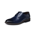 A sleek navy blue patent leather oxford shoe with polished finish and brogue detailing for dress business shoes