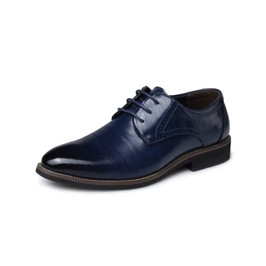 A sleek navy blue patent leather oxford shoe with polished finish and brogue detailing for dress business shoes