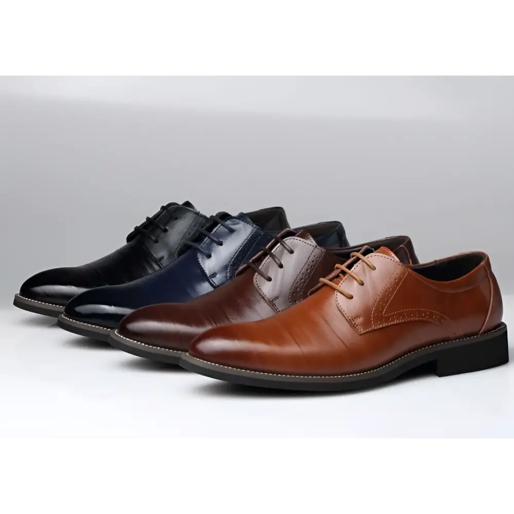 Brown leather oxford dress business shoes with polished finish and classic lace-up design for formal occasions