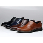Brown leather oxford dress business shoes with polished finish and classic lace-up design for formal occasions