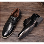 Black leather oxford dress business shoes with polished finish and brogue detailing for formal wear