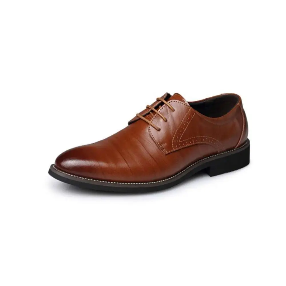Brown leather oxford dress business shoes with classic brogue pattern and black rubber sole for formal occasions