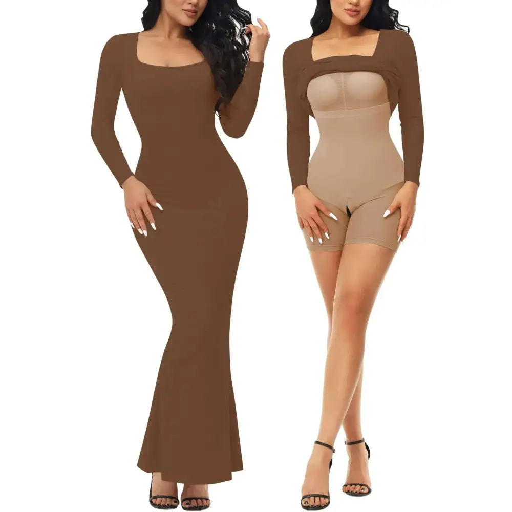 Brown long sleeve bodycon shapewear dress with square neckline and flared hem ideal for evening parties dating