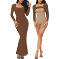 Brown long sleeve shapewear dress with square neckline and flared hem ideal for evening parties and dating events