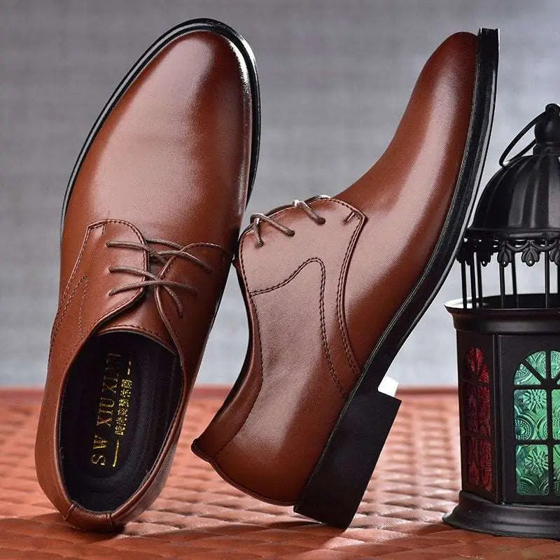 Brown pointed toe leather shoes for men with luxury style featuring brown leather and black sole and laces