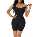 Black form-fitting one-piece bodysuit with thin straps and sweetheart neckline for postpartum body shaper bodysuit use
