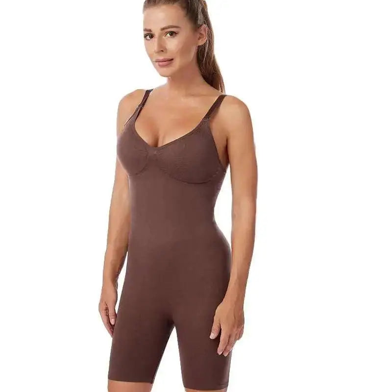 Brown seamless postpartum body shaper bodysuit with thin straps and a flattering fit for postpartum support
