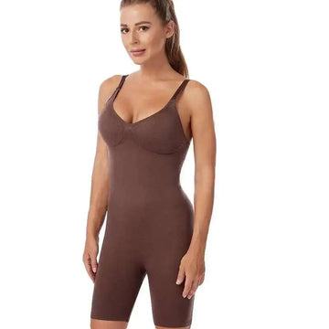 Brown seamless postpartum body shaper bodysuit with thin straps and a flattering fit for postpartum support