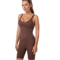 Brown seamless postpartum body shaper bodysuit with thin straps and a flattering fit for postpartum support
