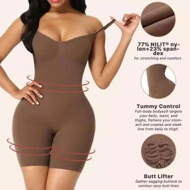 Brown seamless postpartum body shaper bodysuit made of 77% nilit nylon and 23% spandex with tummy control and butt lifting