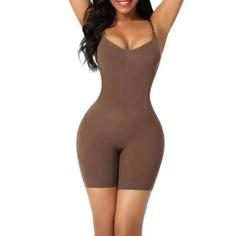 Brown seamless postpartum body shaper bodysuit with thin spaghetti straps and a flattering v-neckline in a form fitting design