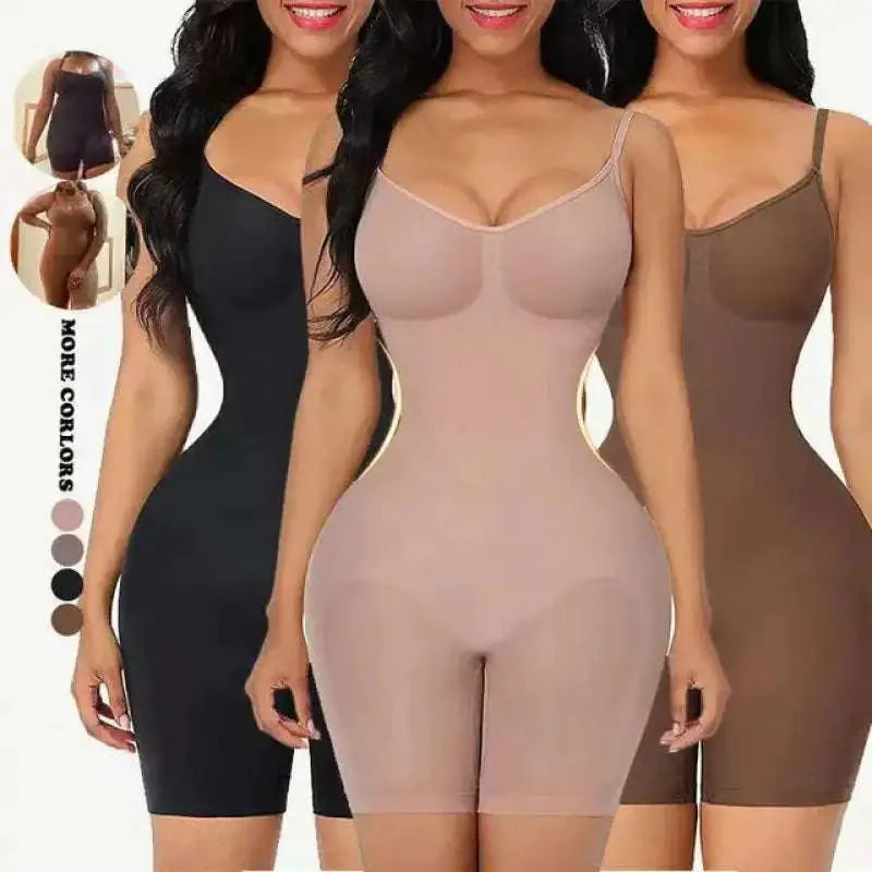 Brown seamless postpartum body shaper bodysuit with thin straps and high-waisted shorts in a nude hue
