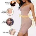 Sheer nude-colored brown seamless postpartum body shaper bodysuit with thin straps and form-fitting design