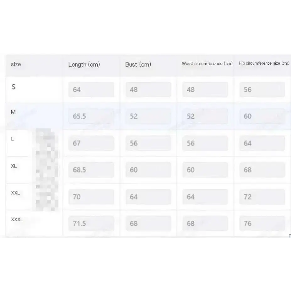 Size chart in centimeters for brown seamless postpartum body shaper bodysuit sizes s to xxxl