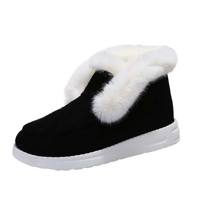Brown suede warm ankle boot with white faux fur trim and chunky white sole for suede warm winter wear