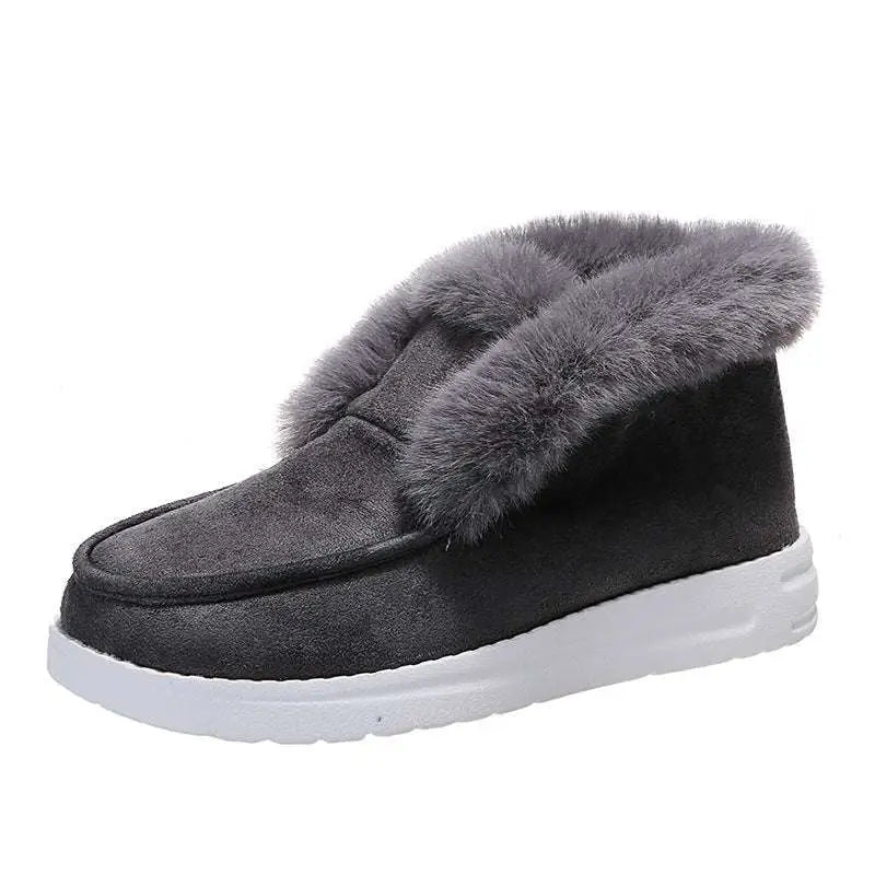 Dark gray suede warm winter shoes with plush gray faux fur lining and white rubber sole for cold weather use