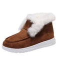 Brown suede warm ankle boot with white faux fur trim and chunky white sole for warm winter shoes