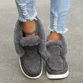 Gray suede warm winter shoes with plush white faux fur trim and white rubber soles for cold weather use