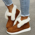 Brown suede warm winter shoes with white faux fur trim and chunky white sole for cold weather wear
