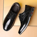Black leather lace-up dress shoes with glossy finish and red white sole accents for fashion leather shoes use