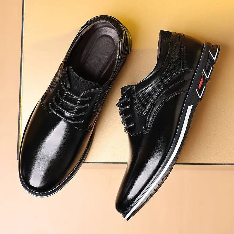 Black leather lace-up dress shoes with glossy finish and red white sole accents for fashion leather shoes use