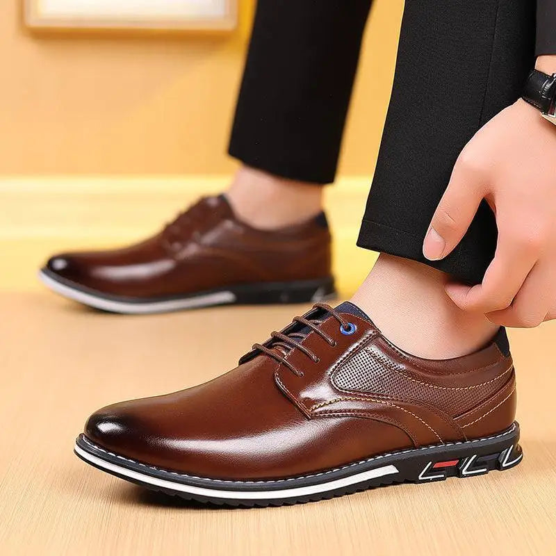 Brown textured work fashion leather shoes featuring brown leather lace-up design with textured panel and black sole