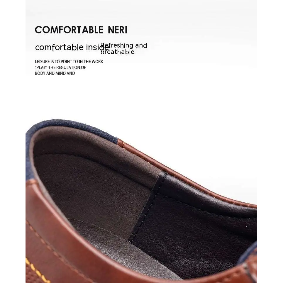 Brown textured work fashion leather shoes featuring brown leather with navy blue accents and cushioned breathable lining