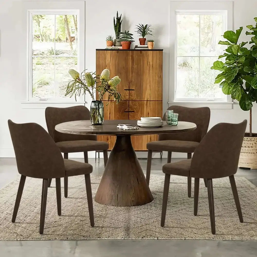 Brown upholstered dining parsons dining chairs set of 4 with dark wooden legs around rustic wood table traditional modern scandinavian
