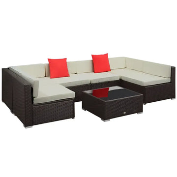 Brown wicker patio sectional sofa set with beige cushions and red accent pillows for outdoor seating
