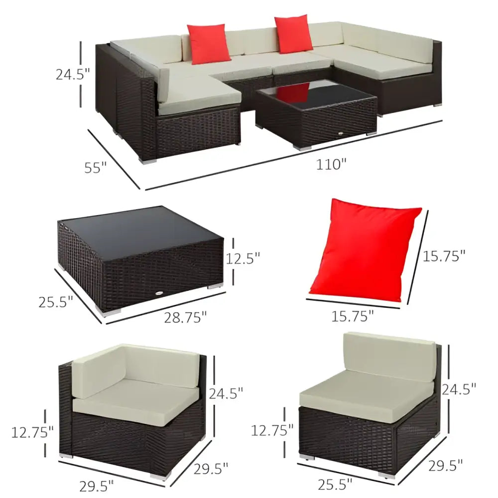 Brown wicker patio sectional sofa set with beige cushions and red accent pillows for outdoor seating