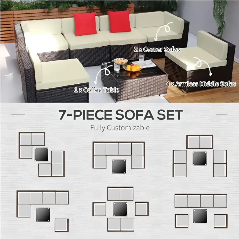 Brown wicker patio furniture set featuring dark brown wicker sofa with beige cushions and red accent pillows outdoors