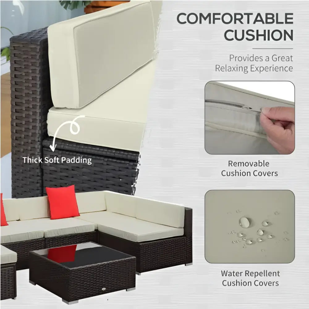 Brown wicker patio sectional sofa set with beige cushions and red accent pillows for outdoor seating