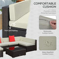Cream-colored removable cushion with thick padding for outdoor use on brown wicker patio furniture with beige cushions