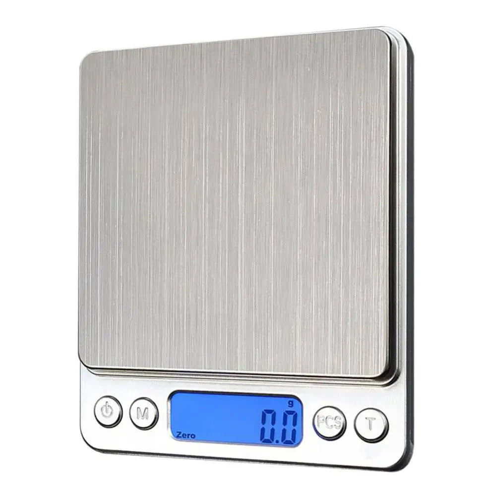 A brushed stainless steel mini pocket scale with blue lcd, four buttons, and food portable mini design